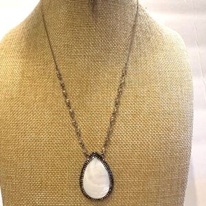 Mother of Pearl Necklace teardrop w/ black & gold rhinestones, long gold chain
